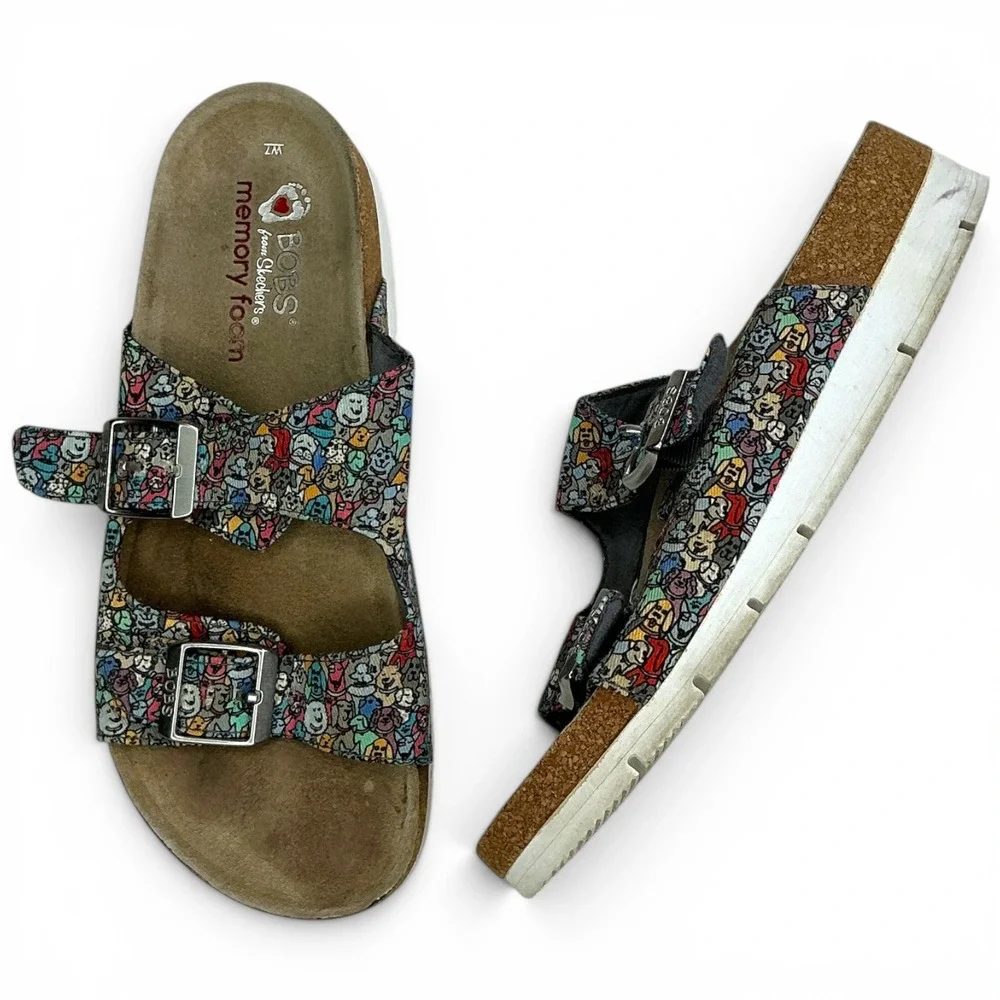 BOBS Skechers Multicolor Dog Print Slide Sandals Kids Size 7 Memory Foam Buckle
